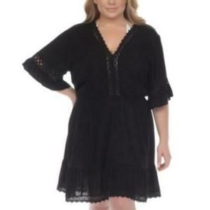 Raviya Plus Size Black Lace-Inset Mini Cover-Up Dress 0X